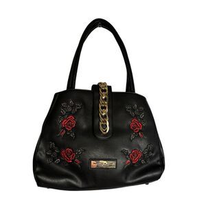 Marc New York (Andrew Marc) Black Handbag With Embroidered Red Roses Gold Hdware